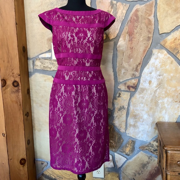 Adrianna Papell Lace Cap Sleeves Maroon Sheath Dress Midi (6) - Picture 3 of 17